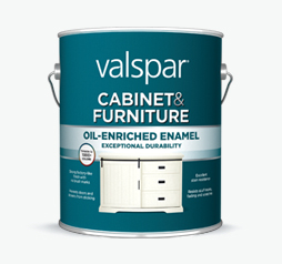 Can of Valspar Cabinet & Furniture Paint + Primer; teal blue can with image of a creamy white dresser at center.