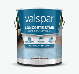 Can of Valspar Semi-Transparent Concrete Stain; blue label with lower image of concrete surface.