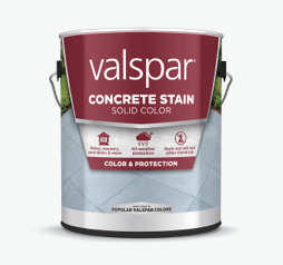 Can of Valspar Solid Color Concrete Stain; burgundy label with lower image of concrete surface.
