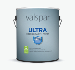 Can of Valspar Ultra® Interior Paint + Primer; light blue label with ScuffShield Technology logo.