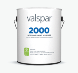 Can of Valspar 2000 Interior Paint + Primer; white can with blue lettering and GREENGUARD logo.