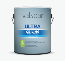 Can of Valspar Ultra Ceiling Paint + Primer; light blue can with darker blue band and GREENGUARD logo.