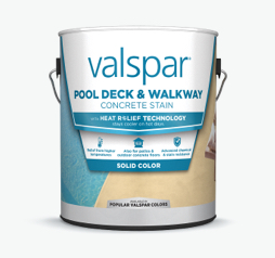 Can of Valspar Pool Deck & Walkway Concrete Stain with Heat Relief Technology; blue and white can with image of a pool deck.