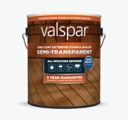 Can of Valspar One-Coat Transparent Exterior Sealer; orange band on label with brick and decking images.  
