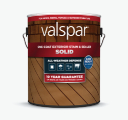 Can of Valspar One-Coat Solid Exterior Sealer; red band on label with brick and decking images.  