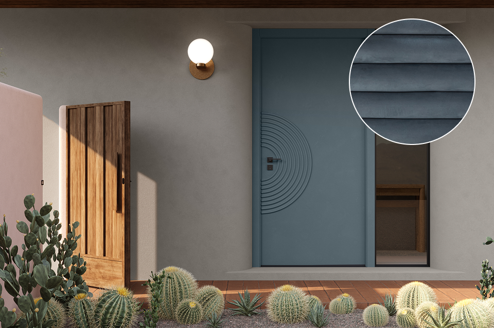 Modern home entrance featuring Cottage Door painted front door and exterior walls, paired with natural wood details and desert-inspired landscaping.