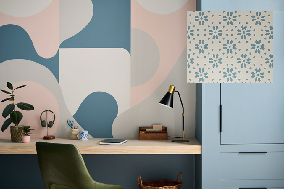 Stylish home office featuring Cottage Door cabinetry and artistic wall designs in coordinating colors, creating a creative yet serene workspace.