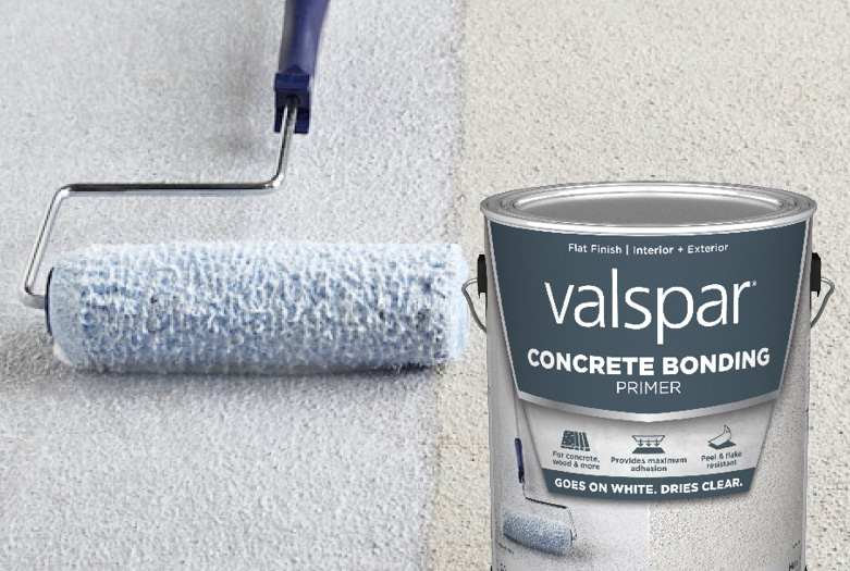 Roller applying light blue-gray Valspar Concrete Bonding primer to concrete surface. Can in foreground.