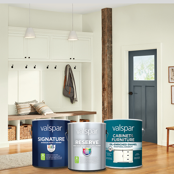 Mudroom of a modern home, plus three cans of Valspar Medallion, Accolade and Cabinet, Door & Trim Paint.