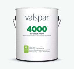 Can of Valspar 4000 Interior Paint + Primer; white can with green lettering and GREENGUARD logo.