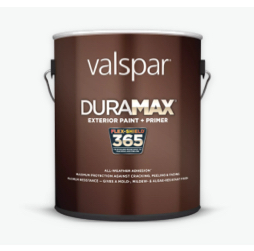 Can of Valspar Duramax Exterior Paint + Primer: brown label with FlexShield® 365 Technology logo.