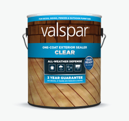 Can of Valspar One-Coat Clear Exterior Sealer; blue band on label with brick and decking images.  