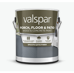 Can of Valspar Porch, Floor & Patio Wood & Concrete Paint: white label with blue wood porch image and benefit icons.