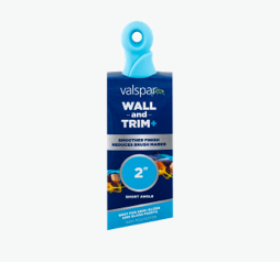 Valspar wall and trim brush with blue rubber handle and angled packaging covering bristles.