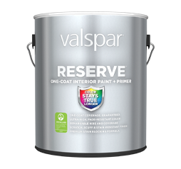 Shiny silver can of Valspar Reserve Interior Paint and Primer. Can features colorful “Color Stays True” shield.