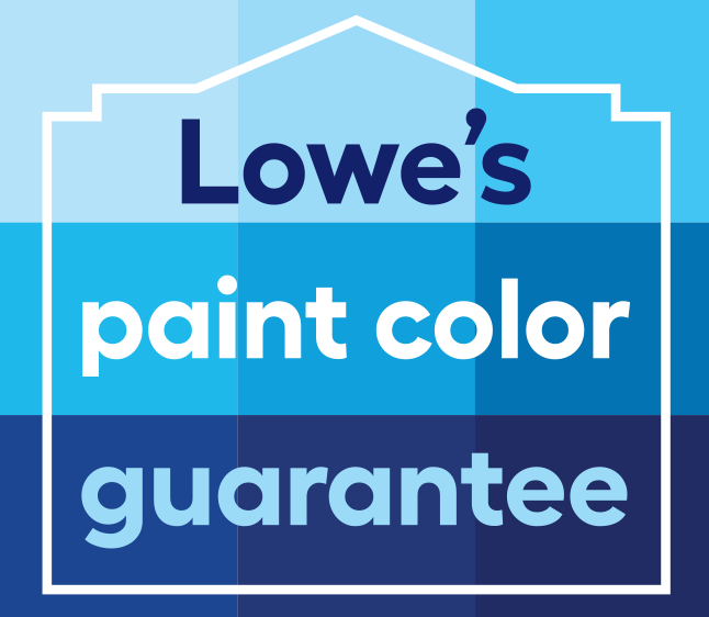 Light and dark blue checkerboard pattern under outline of a home with text, “Lowe’s paint color guarantee.”