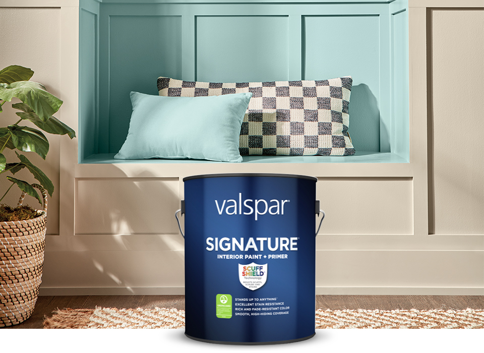 Valspar Signature Paint + Primer with ScuffShield™ Technology with rich colors painted on a cozy nook.