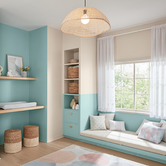 Six-image carousel of living room, child’s room, entryway, backyard and kitchen, all incorporating Renew Blue.