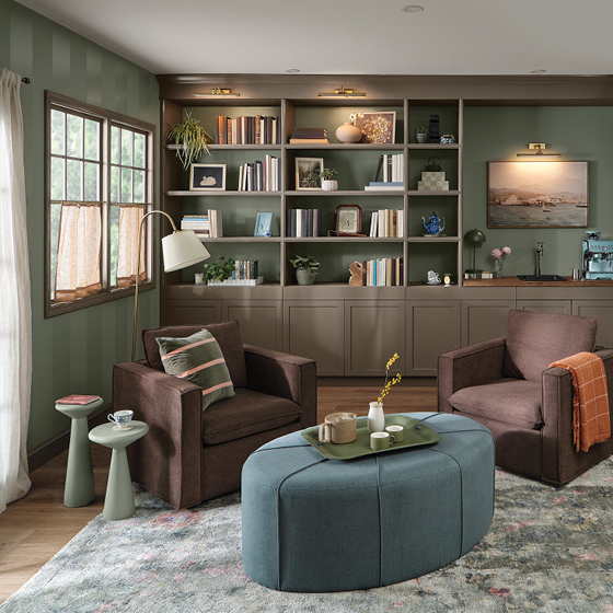 Six-image carousel of living room, child’s room, entryway, backyard and kitchen, all incorporating Renew Blue.