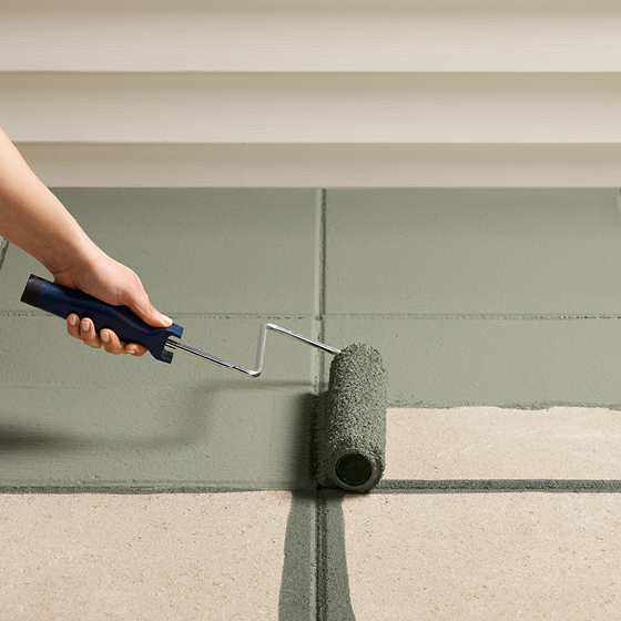 Six-image carousel of living room, child’s room, entryway, backyard and kitchen, all incorporating Renew Blue.