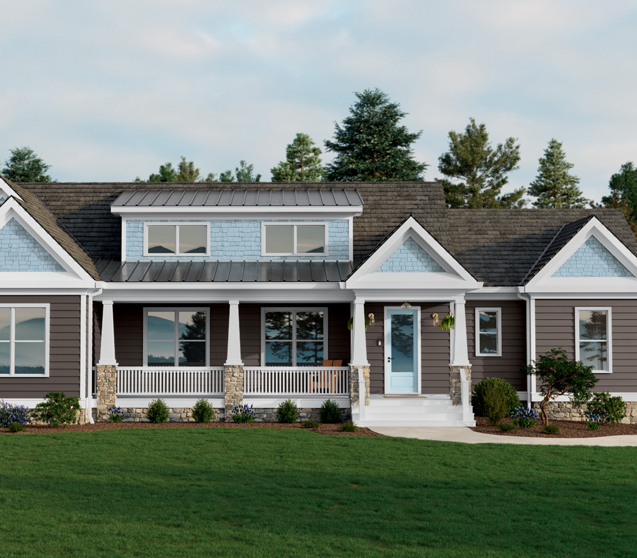 House with a spacious lawn, trees in the background and siding stained in Hunting Boots with Blue Raindrops as an accent.