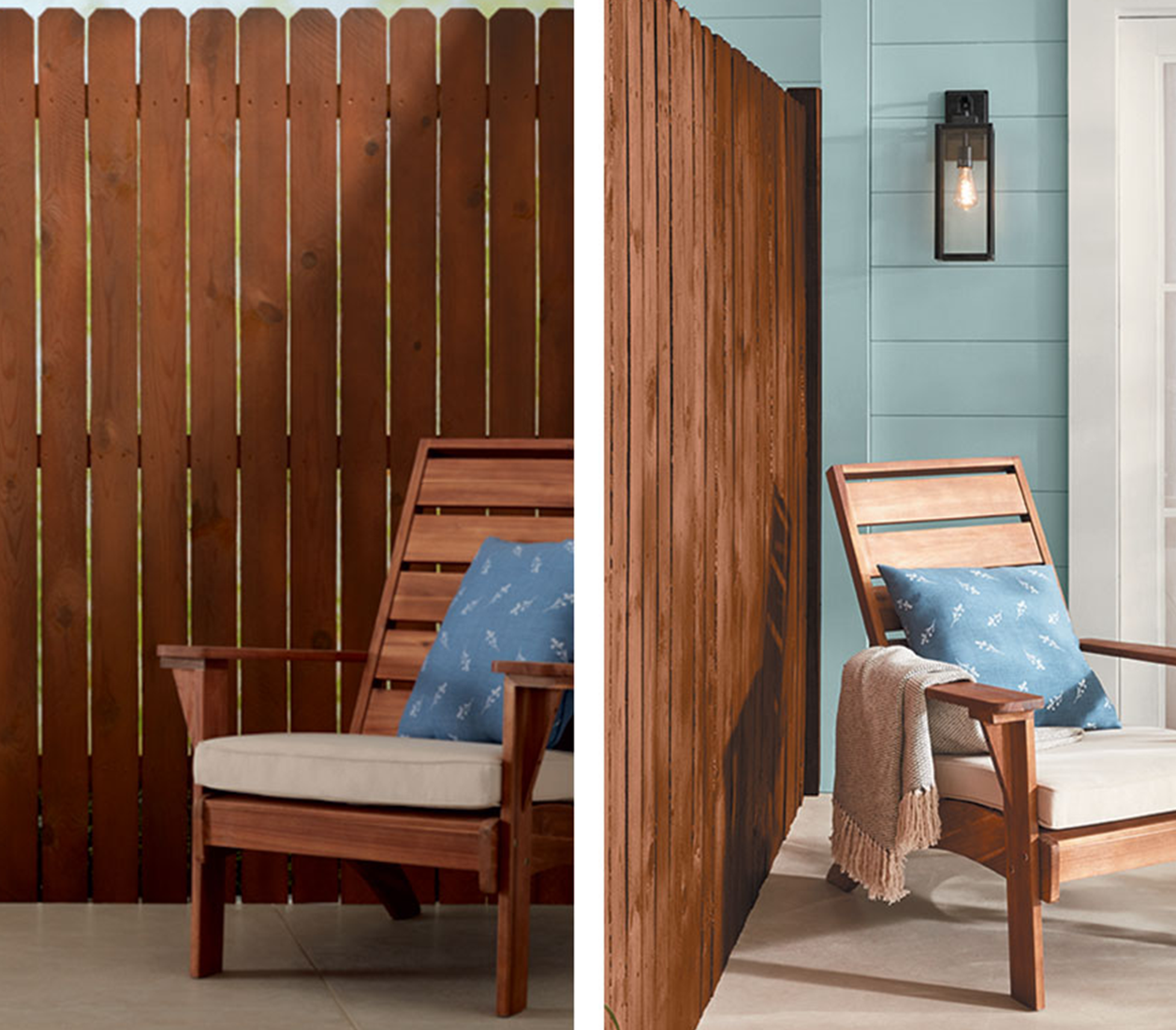 Wood-toned chairs set against a tall privacy fence in Potato Skin stain with blue accent pillows and a partial view of the home’s exterior.