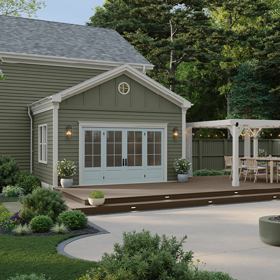 Six-image carousel of living room, child’s room, entryway, backyard and kitchen, all incorporating Renew Blue.