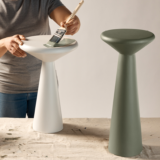 Six-image carousel of living room, child’s room, entryway, backyard and kitchen, all incorporating Renew Blue.