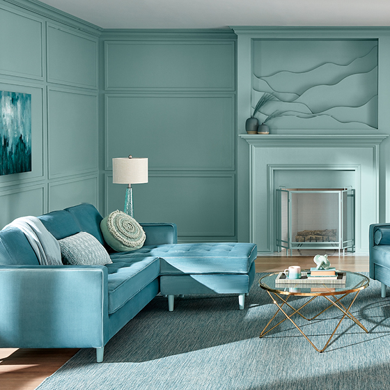 Monochromatic living room drenched in Renew Blue and related shades.